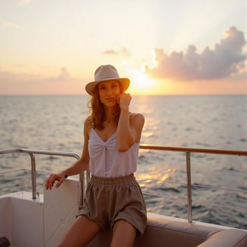 Showcase image for Yacht Life - Prompt: a photo of me WOMAN on the deck of a superyacht, medium shot, with a beautiful ocean backdrop at sunset. WOMAN looking serene and wealthy.