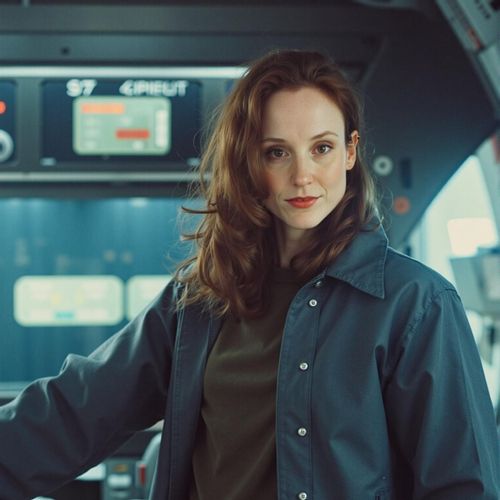 Showcase image for Sci-Fi Universe - Prompt: a photo of me WOMAN as a starship captain on the bridge of their ship, half body shot. WOMAN looking commanding.