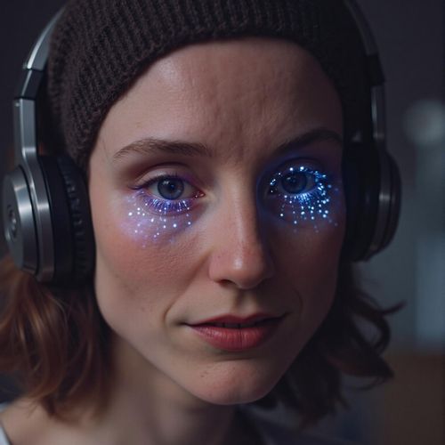 Showcase image for Netrunner - Prompt: a photo of me WOMAN with a neural interface headset, close-up, eyes glowing with data. WOMAN looking deep in concentration.