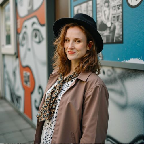 Showcase image for Urban Love Story - Prompt: a photo of me WOMAN in fashionable urban attire, medium shot, for a pre-wedding shoot against a cool city mural (blurred). WOMAN looking stylish and happy.