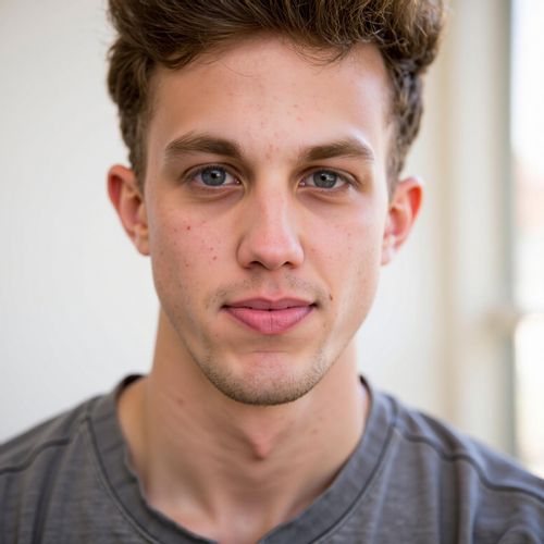 Showcase image for Natural & Real - Prompt: a photo of me MAN, natural actor headshot, medium close-up, minimal makeup, simple t-shirt, showing true essence. MAN looking directly at camera, honest expression.
