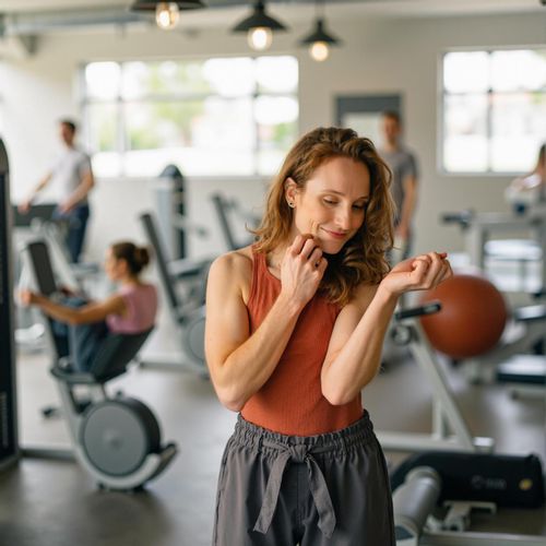 Showcase image for Fitness Fanatic - Prompt: a photo of me WOMAN looking energized post-workout at the gym, medium shot, looking accomplished. WOMAN wiping sweat, looking accomplished.