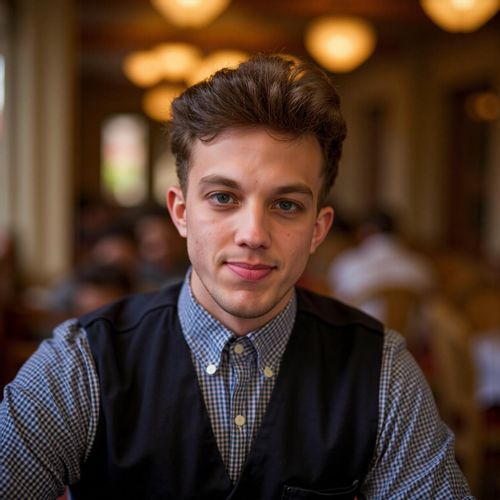 a photo of me MAN at a Michelin-starred restaurant, medium shot, elegant ambiance. MAN with a sophisticated expression.