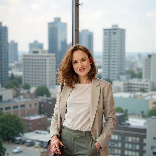 Showcase image for Window View - Prompt: a photo of me WOMAN standing near a large office window, medium shot, city skyline softly blurred in the background. WOMAN looking confident and forward-looking.