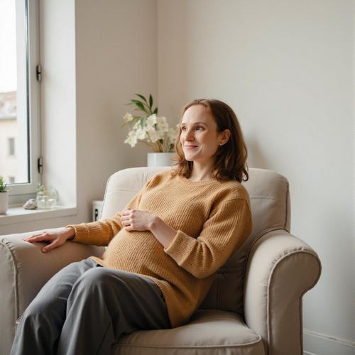 Showcase image for Cozy at Home - Prompt: a photo of me WOMAN, pregnant, in a cozy sweater, half body shot, sitting in a comfy chair by a window. she is looking content.