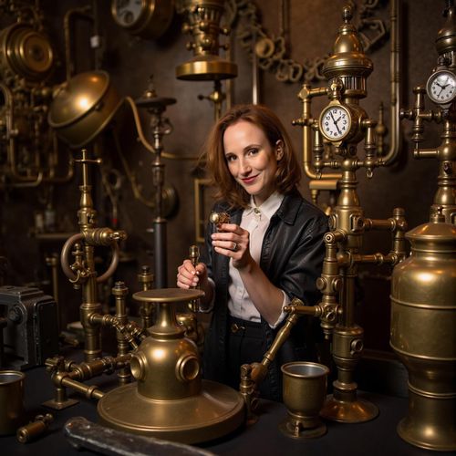 Showcase image for Steampunk - Prompt: a photo of me WOMAN as a steampunk inventor, half body shot, surrounded by brass gadgets and gizmos. WOMAN looking brilliant.