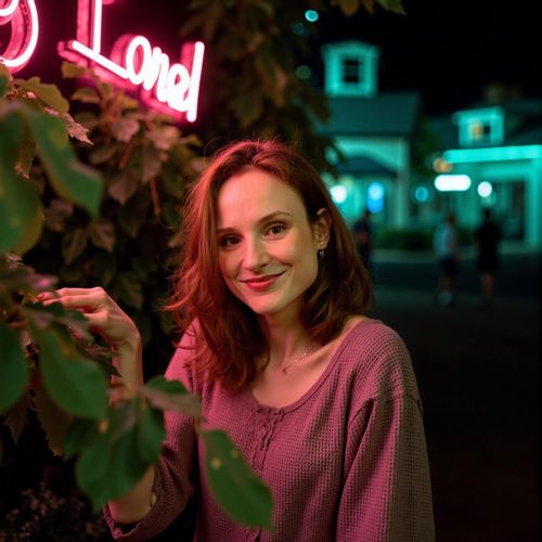 Showcase image for Night Out - Prompt: a photo of me WOMAN under neon lights, medium close-up, vibrant and energetic. WOMAN looking ready for a night on the town.