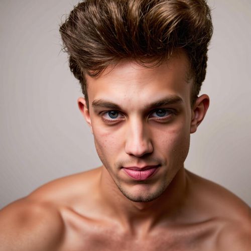 Showcase image for Magazine Cover Shot - Prompt: a photo of me MAN as if on a magazine cover, close-up portrait, flawless makeup and hair, striking an iconic pose. MAN looking directly at camera with intense charisma.