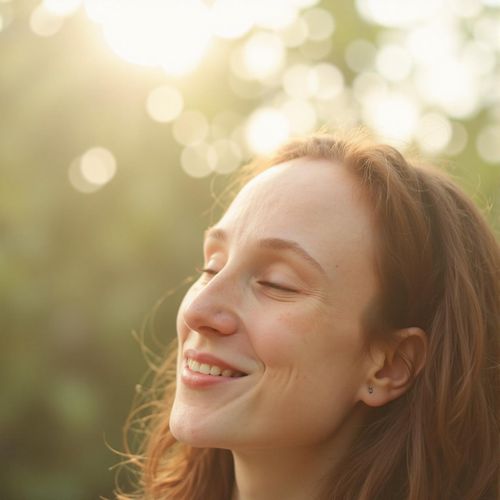 Showcase image for Nature Connection - Prompt: a photo of me WOMAN with their face turned towards the sun, eyes closed, half body shot. WOMAN absorbing the light.