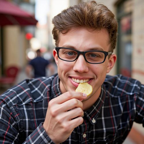 Showcase image for Cultural Immersion - Prompt: a photo of me MAN trying street food in a foreign city, close-up, with a look of delicious discovery. MAN looking happy.