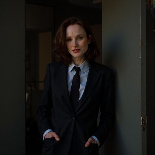 Showcase image for Sharp Dressed Enforcer - Prompt: a photo of me WOMAN as a mob enforcer, medium shot, wearing a perfectly tailored dark suit, standing imposingly in a shadowy doorway. WOMAN with a stoic, intimidating gaze.