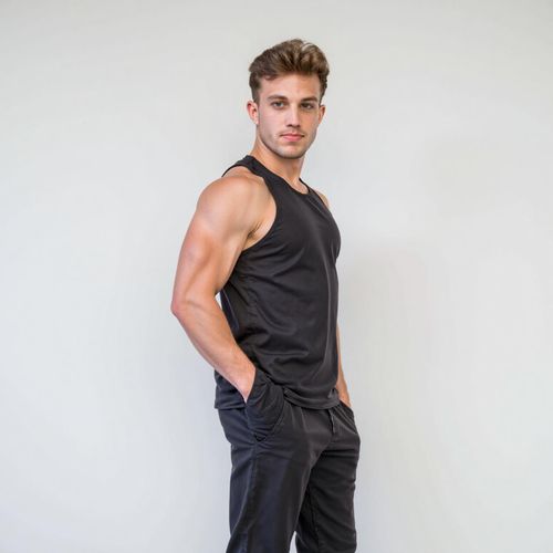 a photo of me MAN in high-end athletic wear, half body shot, clean, minimalist background, looking like a fitness model. MAN with a confident posture.