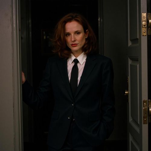 Showcase image for Sharp Dressed Enforcer - Prompt: a photo of me WOMAN as a mob enforcer, medium shot, wearing a perfectly tailored dark suit, standing imposingly in a shadowy doorway. WOMAN with a stoic, intimidating gaze.