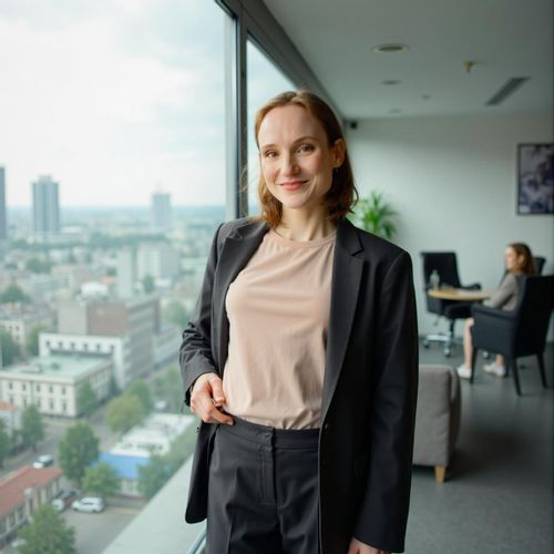 Showcase image for Window View - Prompt: a photo of me WOMAN standing near a large office window, medium shot, city skyline softly blurred in the background. WOMAN looking confident and forward-looking.