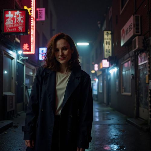 Showcase image for Neon Noir - Prompt: a photo of me WOMAN in a futuristic trench coat, half body shot, standing in a rainy alley illuminated by neon signs. WOMAN looking mysterious.