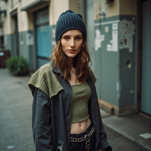 Showcase image for High-Tech Low-Life - Prompt: a photo of me WOMAN in worn, but stylish futuristic clothes, half body shot, in a gritty, urban environment. WOMAN looking like a survivor.