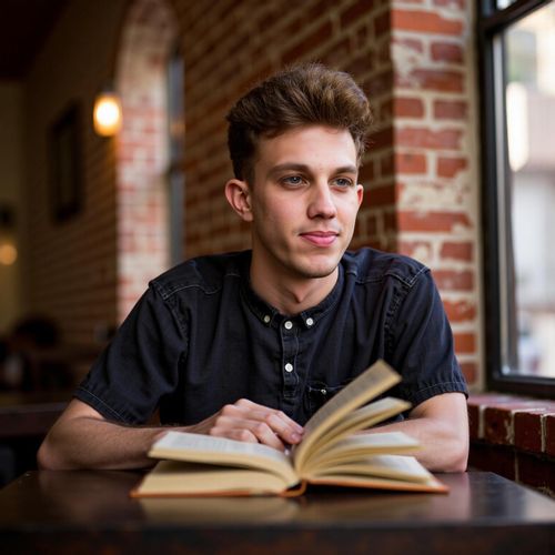 Showcase image for Intellectual Vibe - Prompt: a photo of me MAN engrossed in a book at a cozy cafe, medium shot, looking contemplative. MAN looking up thoughtfully.