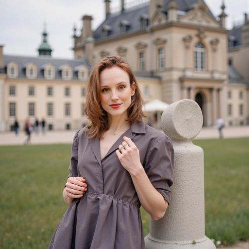 a photo of me WOMAN in a couture outfit, medium shot, against a backdrop of a grand building. WOMAN looking like a fashion icon.