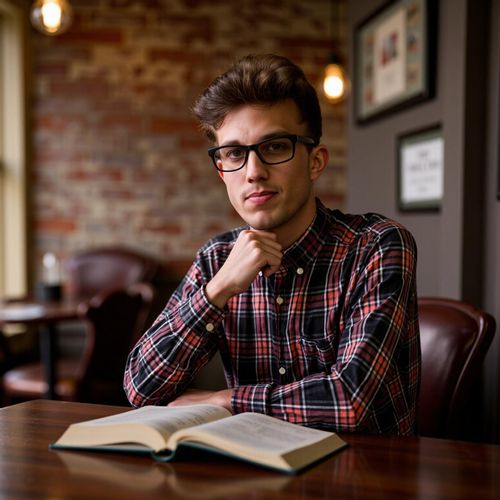 Showcase image for Intellectual Vibe - Prompt: a photo of me MAN engrossed in a book at a cozy cafe, medium shot, looking contemplative. MAN looking up thoughtfully.