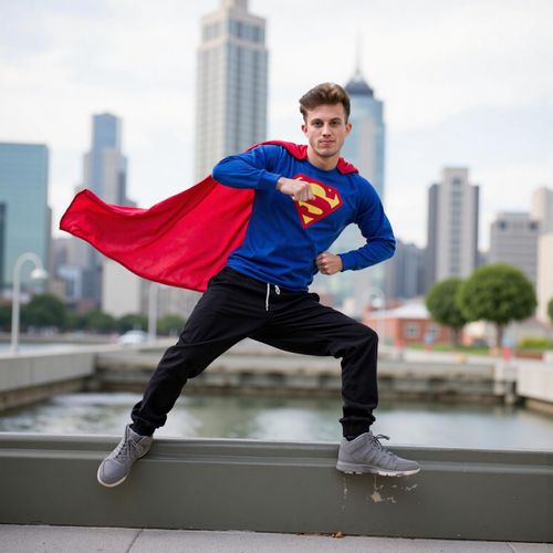 Showcase image for Superhero - Prompt: a photo of me MAN in a dynamic superhero pose, half body shot, with a city skyline in the background. MAN looking powerful.