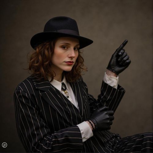 Showcase image for Vintage Gangster - Prompt: a photo of me WOMAN as a 1920s Prohibition-era gangster, medium shot, pinstripe suit, fedora, Thompson submachine gun prop (stylized, not overly realistic). WOMAN looking like a classic movie mobster.