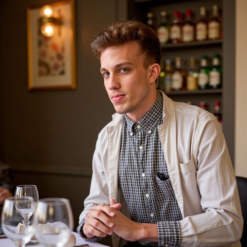 a photo of me MAN at a Michelin-starred restaurant, medium shot, elegant ambiance. MAN with a sophisticated expression.