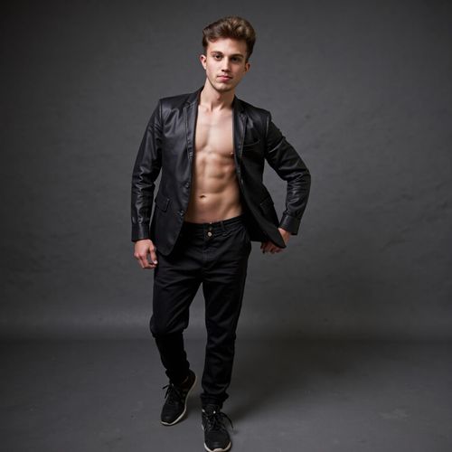 Showcase image for Editorial Chic - Prompt: a photo of me MAN in an avant-garde outfit, medium shot, artistic pose, fashion magazine editorial style. MAN with a strong, expressive look.