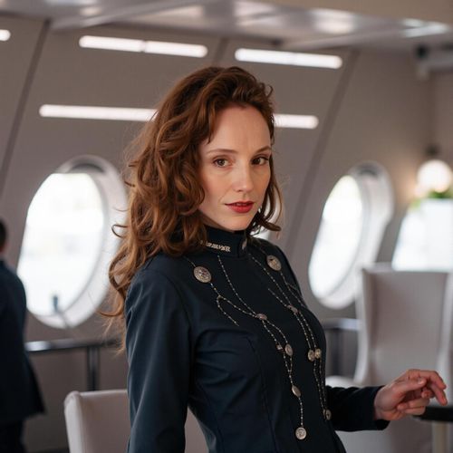 Showcase image for Sci-Fi Universe - Prompt: a photo of me WOMAN as a starship captain on the bridge of their ship, half body shot. WOMAN looking commanding.