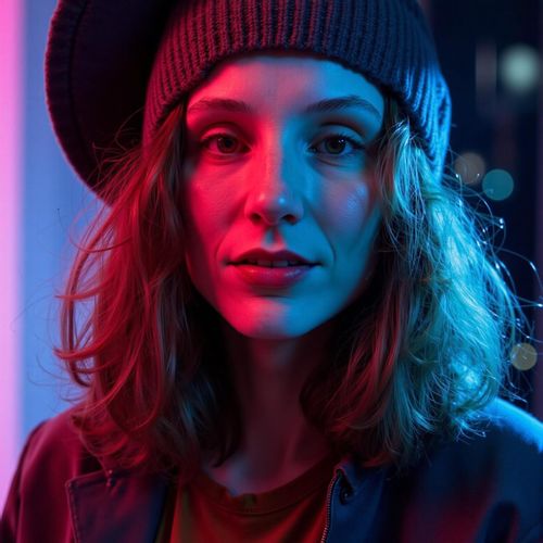 Showcase image for Neon Glow - Prompt: a photo of me WOMAN bathed in the vibrant glow of neon lights, medium close-up, stylish outfit, reflecting a futuristic nightlife feel. WOMAN looking cool and modern.