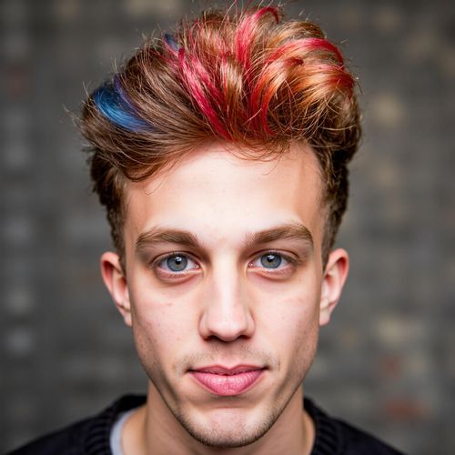 a photo of me MAN with vibrant, unnaturally colored hair and large expressive eyes, close-up. MAN looking like an anime protagonist.