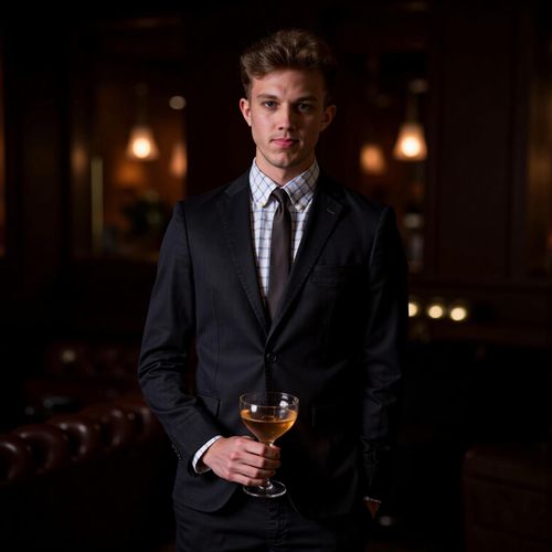 Showcase image for Cocktail Lounge Chic - Prompt: a photo of me MAN in a sophisticated outfit at an upscale cocktail lounge, medium shot, holding an elegant drink, dim, moody lighting. MAN looking chic and refined.