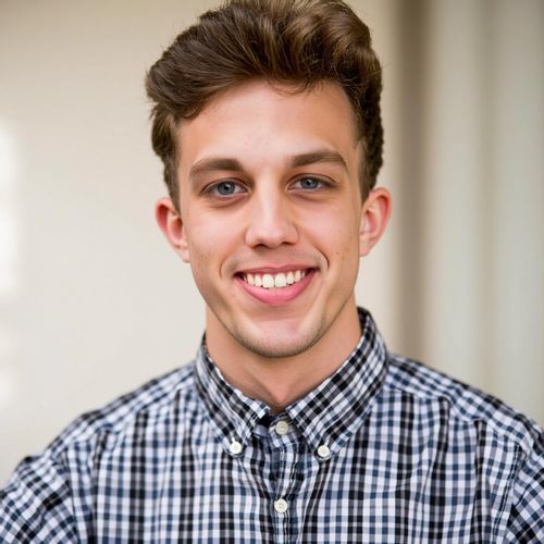 a photo of me MAN with a big, genuine smile, close-up yearbook headshot, capturing a joyful expression. MAN eyes sparkling with happiness.