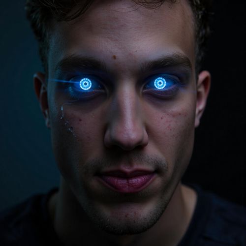 Showcase image for Cyborg - Prompt: a close-up portrait of me MAN with subtle cybernetic implants on their face, looking powerful. MAN with glowing optic nerves.