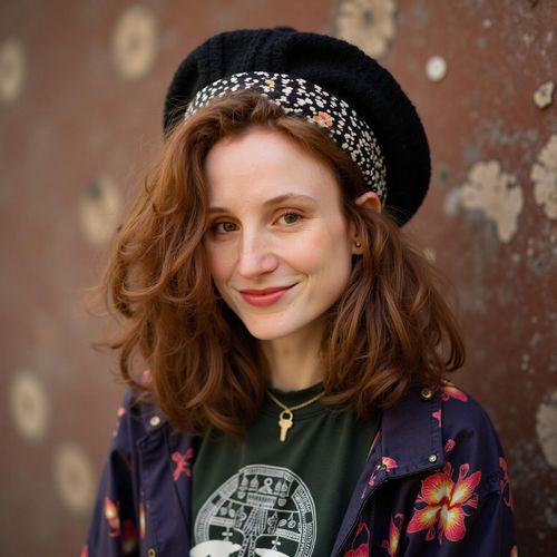 Showcase image for Professional Headshots - Prompt: a photo of me WOMAN in artistic attire, medium close-up shot, against a textured unique background, showing individuality. WOMAN with an engaging, creative expression.