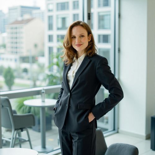 Showcase image for Executive Suite - Prompt: a photo of me WOMAN in a sharp business suit, half body shot, in a modern executive office with a city view. WOMAN looking confident.
