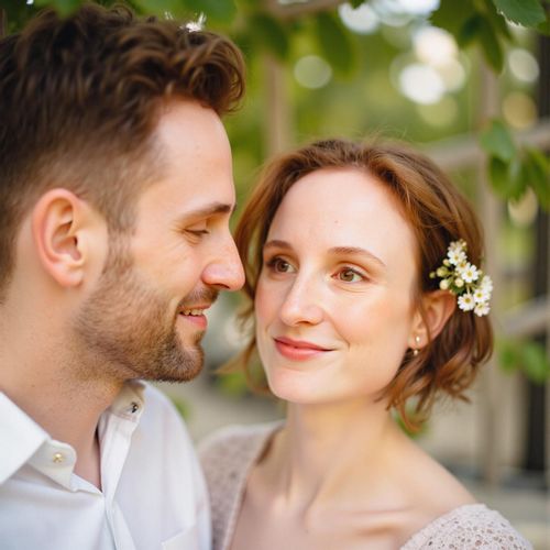 Showcase image for Romantic Moments - Prompt: a photo of me WOMAN on their wedding day, medium close-up, a soft, loving expression as if looking at their partner off-camera. WOMAN with eyes full of adoration.