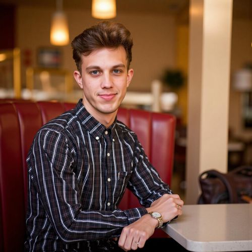 Showcase image for Date Night - Prompt: a photo of me MAN at a nice restaurant, half body shot, smart casual attire, warm lighting. MAN looking engagingly at the camera.