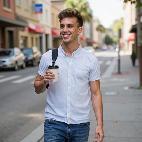 Showcase image for Coffee Run - Prompt: a photo of me MAN holding a coffee cup, medium close-up shot, walking down the street with a smile. MAN looking casual yet chic.