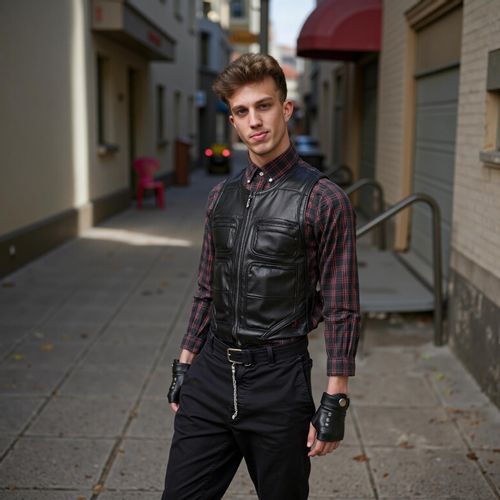 Showcase image for High-Tech Low-Life - Prompt: a photo of me MAN in worn, but stylish futuristic clothes, half body shot, in a gritty, urban environment. MAN looking like a survivor.