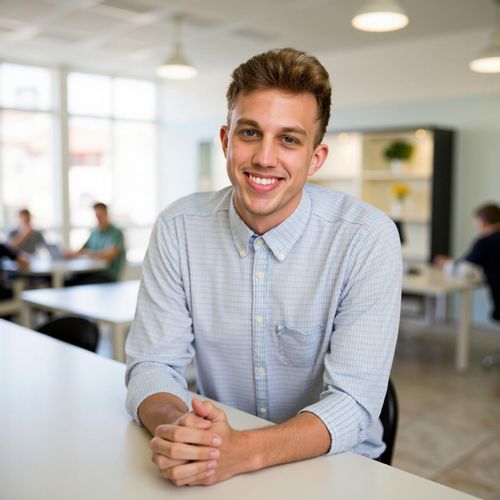 Showcase image for Collaborative Space - Prompt: a photo of me MAN in a bright, open-plan office, medium shot, leaning against a communal table. MAN looking friendly and collaborative.