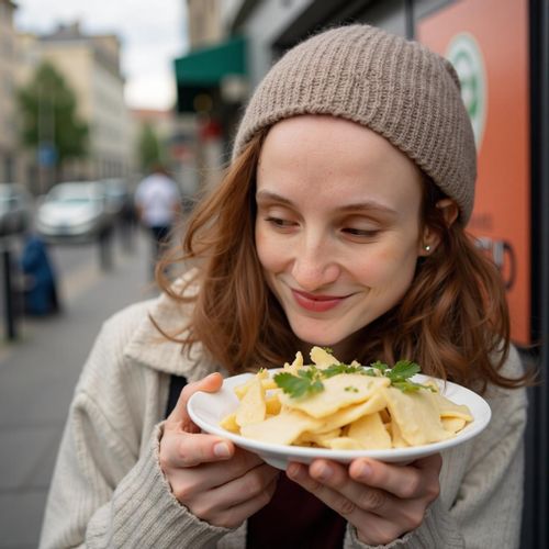 Showcase image for Cultural Immersion - Prompt: a photo of me WOMAN trying street food in a foreign city, close-up, with a look of delicious discovery. WOMAN looking happy.