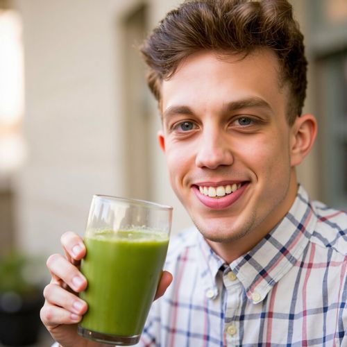 Showcase image for Healthy Lifestyle - Prompt: a photo of me MAN drinking a healthy green smoothie, close-up, looking vibrant and healthy. MAN with a happy smile.