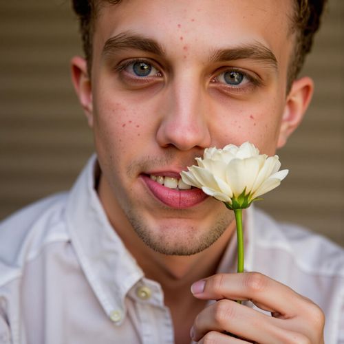 Showcase image for Elegant Details - Prompt: a photo of MAN on their wedding day, close-up, holding a single perfect flower near their face, soft lighting. MAN with a gentle, happy expression.