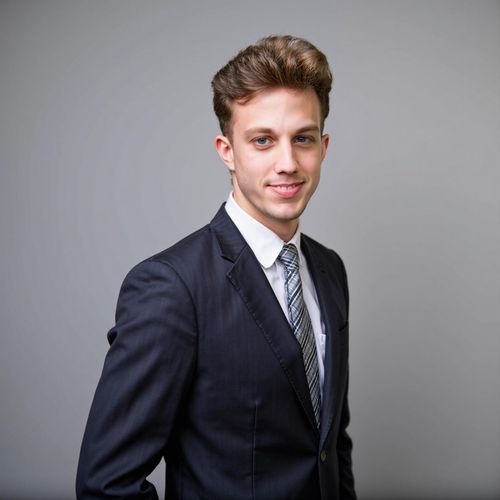 a photo of me MAN in a sharp business suit, classic headshot, plain studio background, looking confident. MAN making direct eye contact.