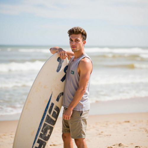 Showcase image for Coastal Adventure - Prompt: a photo of me MAN posing with a surfboard on the beach, medium shot, ready for the waves, sunny beach background. MAN looking confident.