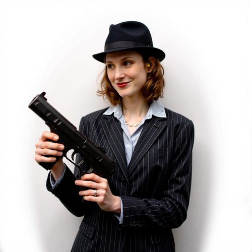 Showcase image for Vintage Gangster - Prompt: a photo of me WOMAN as a 1920s Prohibition-era gangster, medium shot, pinstripe suit, fedora, Thompson submachine gun prop (stylized, not overly realistic). WOMAN looking like a classic movie mobster.