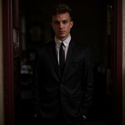 Showcase image for Sharp Dressed Enforcer - Prompt: a photo of me MAN as a mob enforcer, medium shot, wearing a perfectly tailored dark suit, standing imposingly in a shadowy doorway. MAN with a stoic, intimidating gaze.