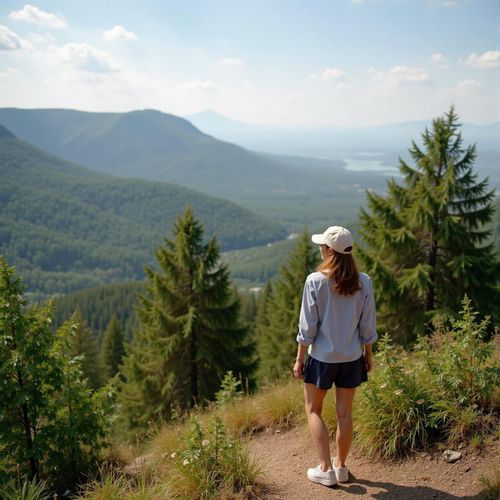 a photo of me WOMAN hiking to a scenic viewpoint, half body shot, activewear, looking accomplished. WOMAN taking in the view.