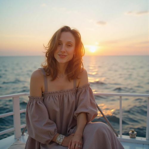 a photo of me WOMAN on the deck of a superyacht, medium shot, with a beautiful ocean backdrop at sunset. WOMAN looking serene and wealthy.