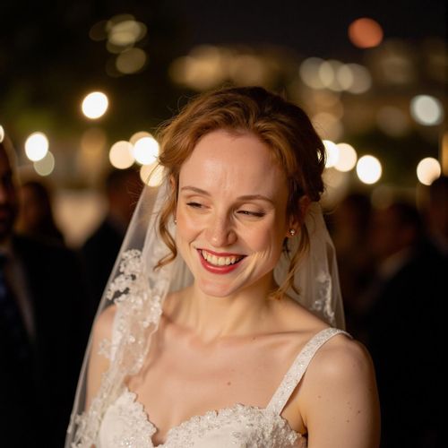 Showcase image for Joyful Celebration - Prompt: a photo of me WOMAN on their wedding day, medium shot, with a radiant, joyful smile, surrounded by soft, celebratory lights (blurred). WOMAN looking ecstatic.